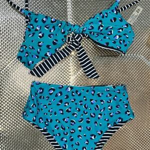Raisins Reversible Bikini Set Teal Leopard Stripe High Waist M NWOT (285)